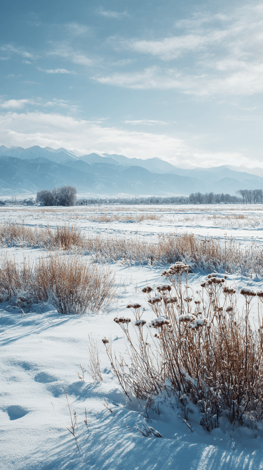 A snowy field with golden plants and hills beyond