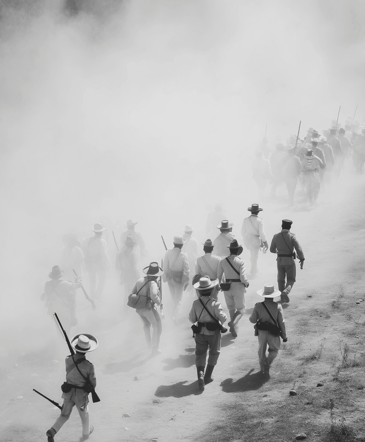 A monochrome archival photograph of a group moving along a dusty trail