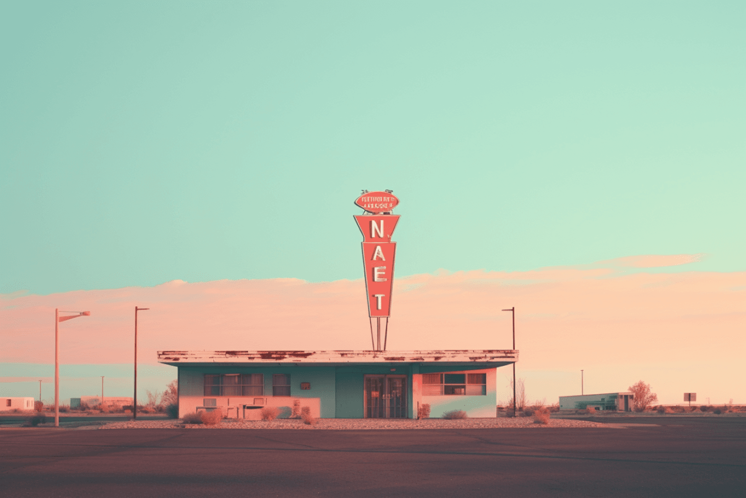 A roadside motel with a vintage sign under a pastel evening sky