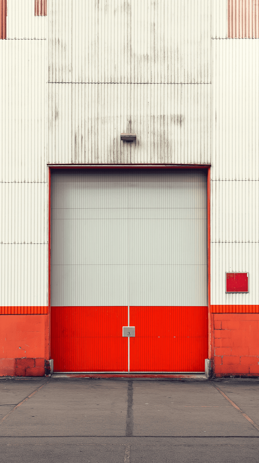 A corrugated metal wall with a red and white industrial door