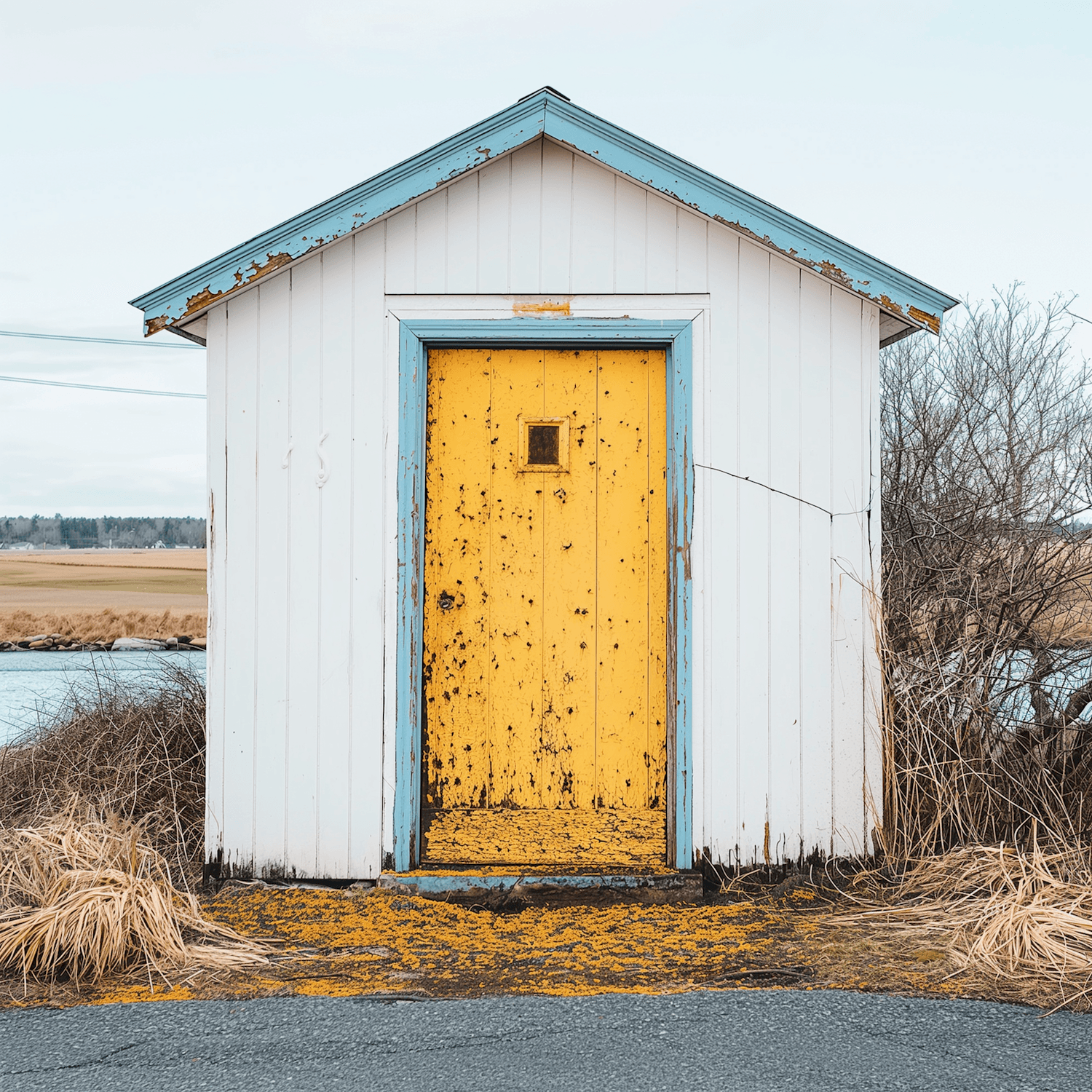 A weathered shed with a yellow door and blue trim standing in dry grass