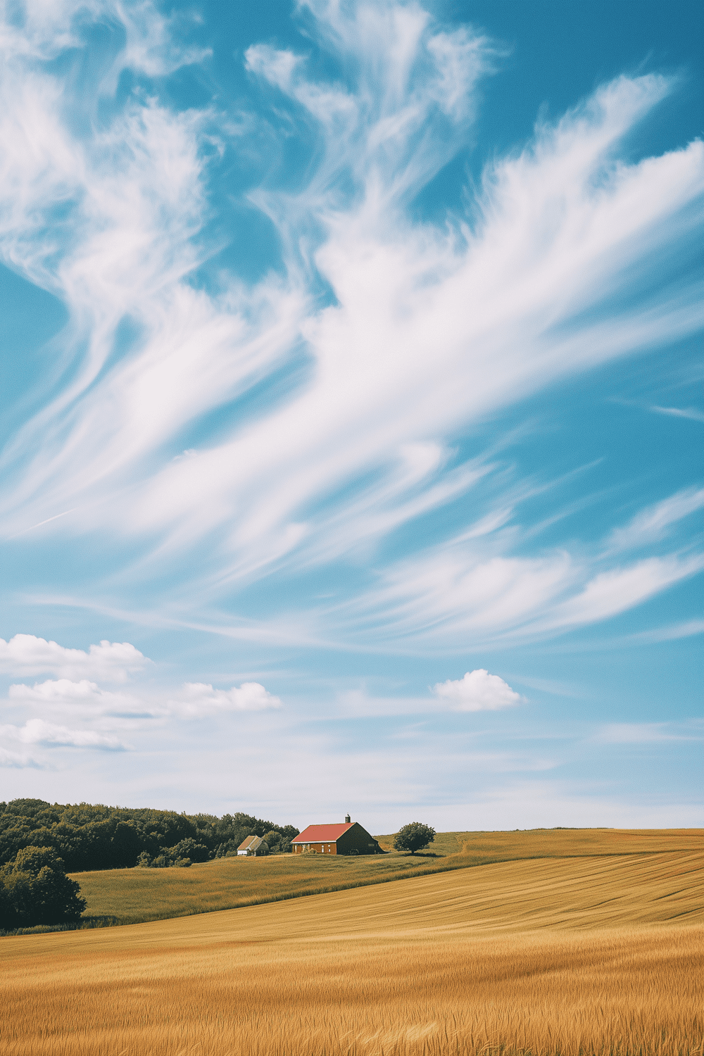 Open farmland with a red barn and a farmhouse under a wide sky